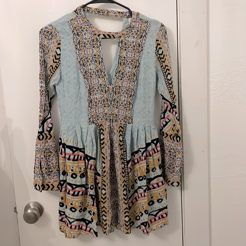 Free People Tegan Border Printed Mini Dress Blue 0